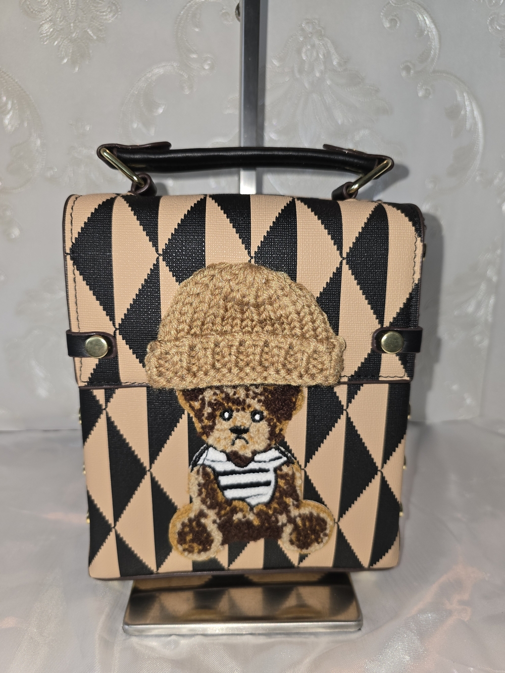 3D Beige & Black Geometric Teddy Patch Handbag With Crossbody Strap